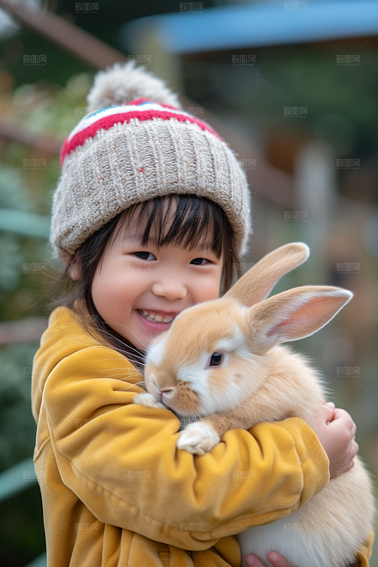 儿童和兔子生活孩子摄影图