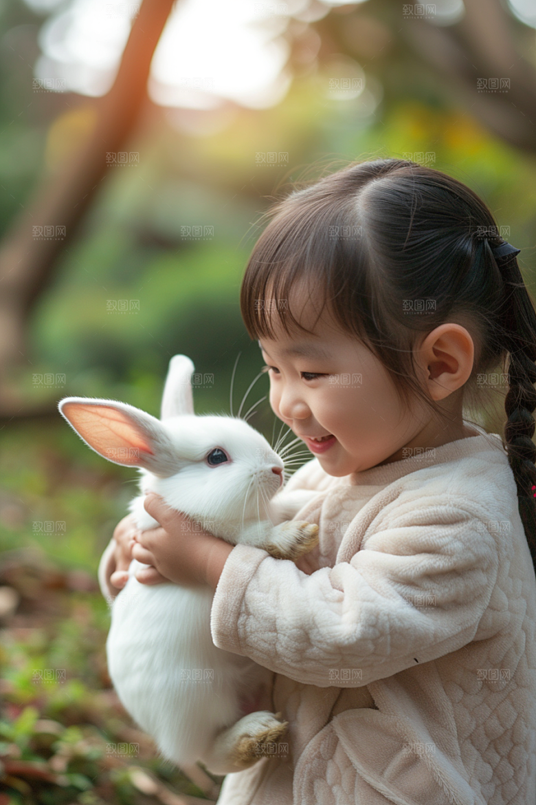 儿童和兔子孩子宠物摄影图