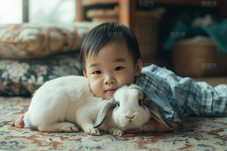 儿童和兔子童趣爱心摄影图
