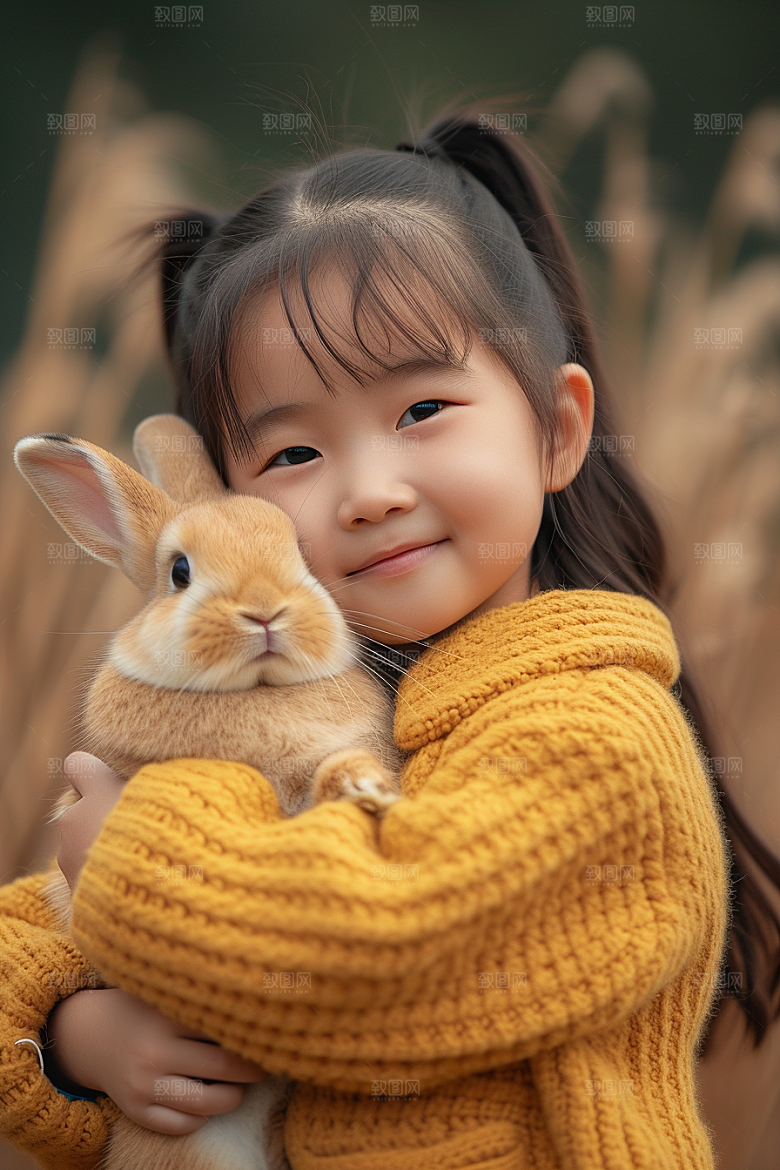 儿童和兔子爱心自然摄影图