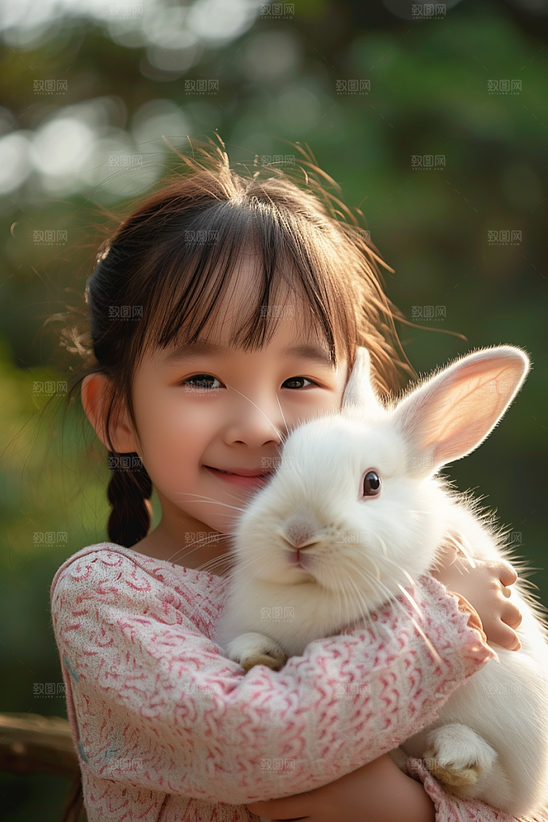 儿童和兔子孩子宠物摄影图