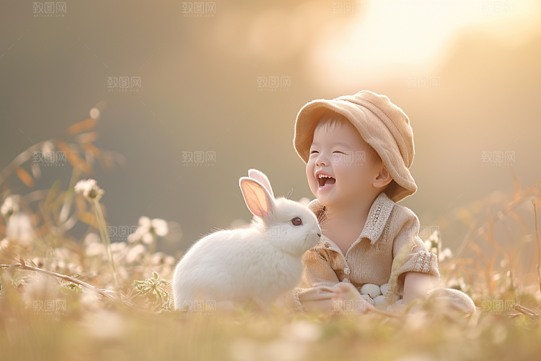 儿童和兔子自然童趣摄影图