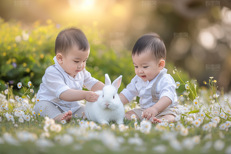 儿童和兔子生活自然摄影图
