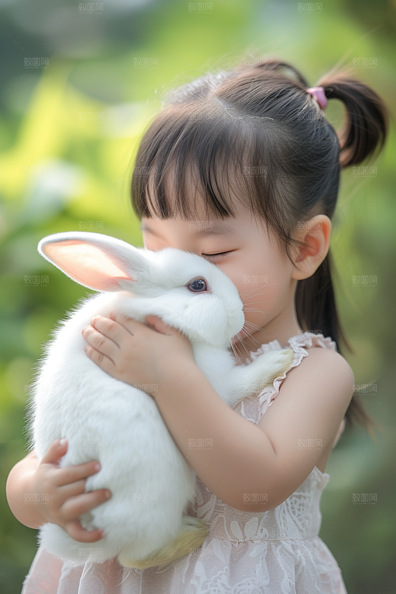 儿童和兔子宠物生活摄影图