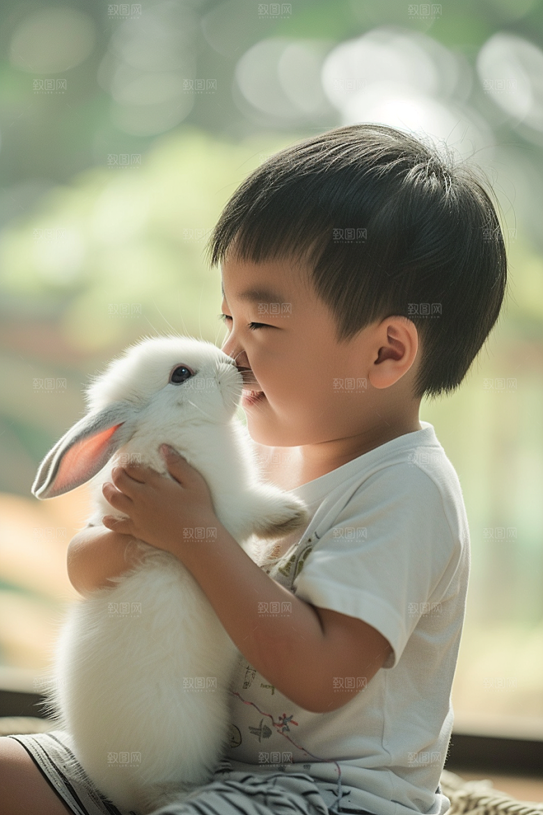 儿童和兔子高清自然摄影图