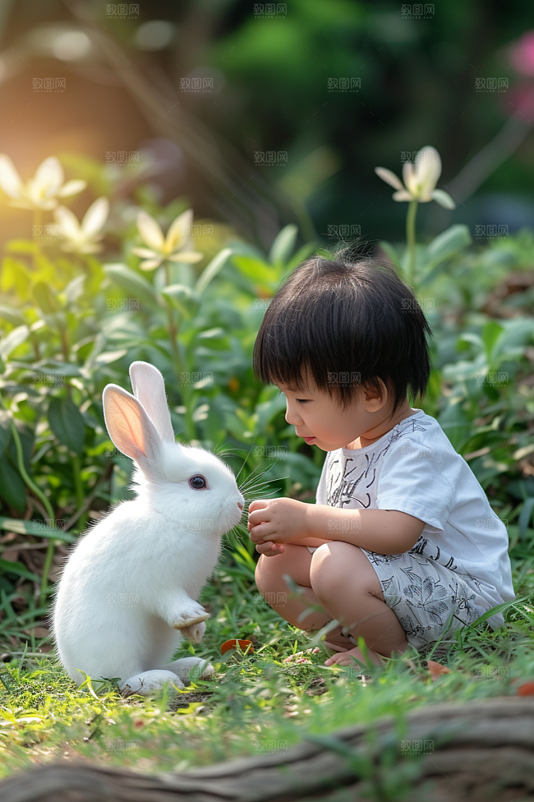 儿童和兔子生活宠物摄影图