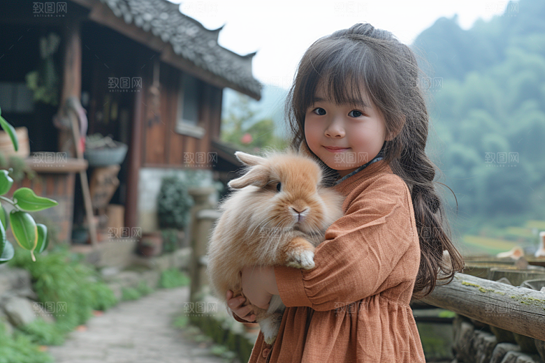 儿童和兔子孩子自然摄影图