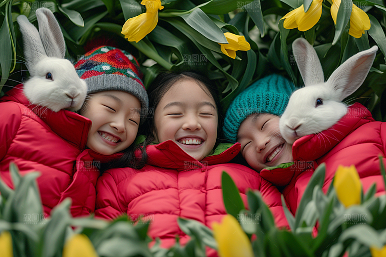 儿童和兔子自然可爱摄影图
