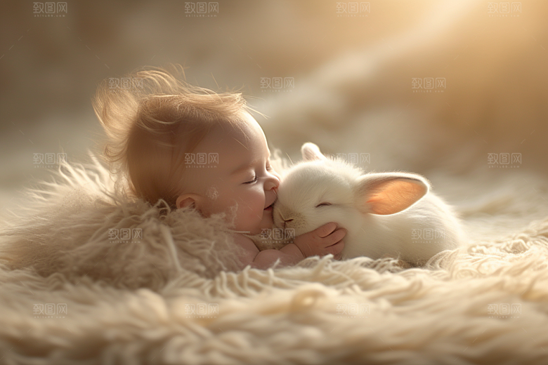 儿童和兔子宠物高清摄影图
