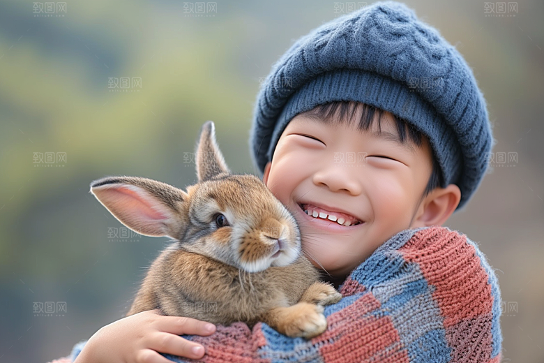 儿童和兔子高清清新摄影图