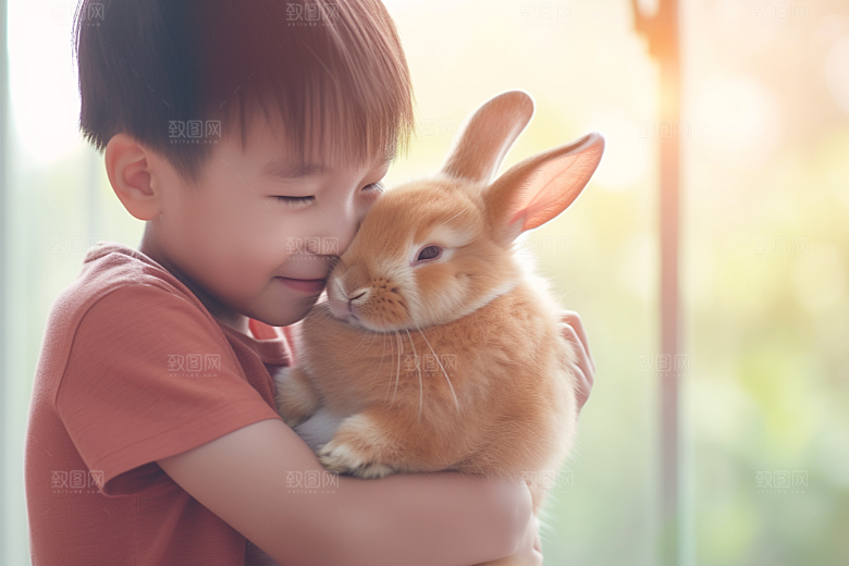 儿童和兔子清新孩子摄影图