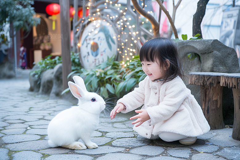 儿童和兔子高清孩子摄影图