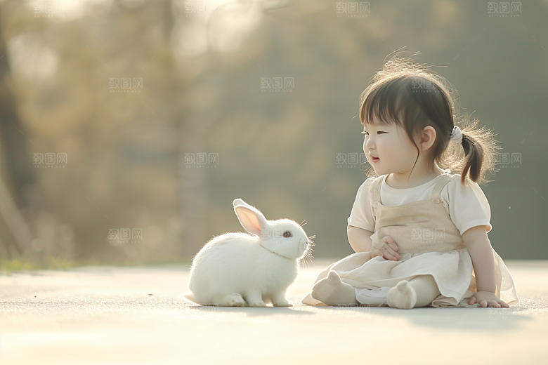 儿童和兔子孩子生活摄影图