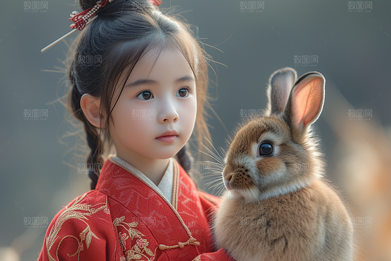 儿童和兔子自然生活摄影图