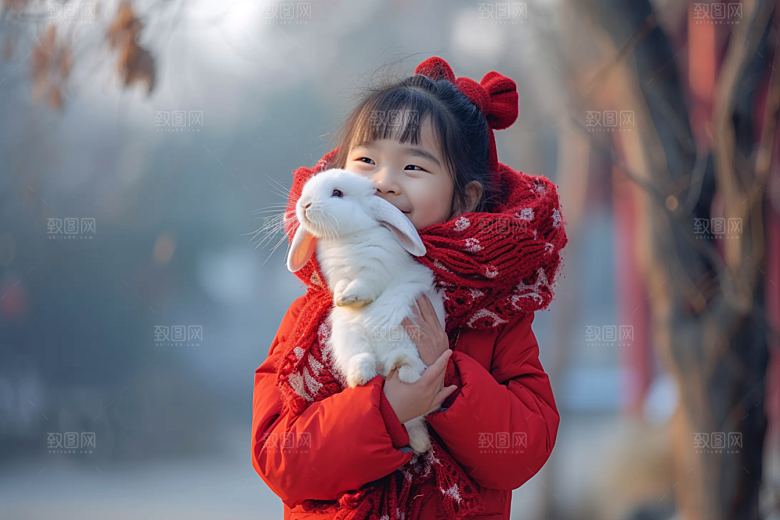 儿童和兔子孩子自然摄影图