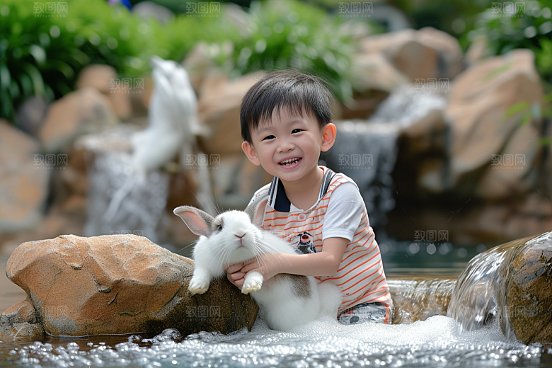 儿童和兔子孩子高清摄影图