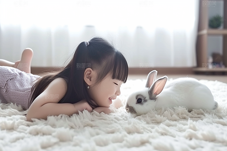 儿童和兔子高清孩子摄影图