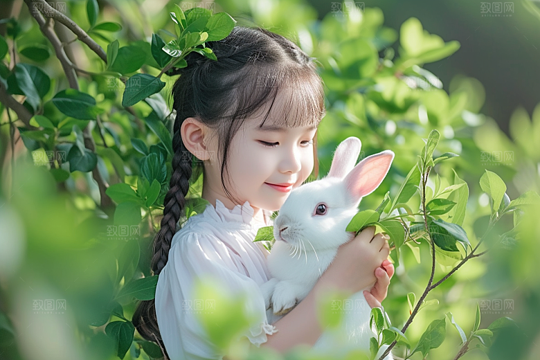 儿童和兔子高清童趣摄影图