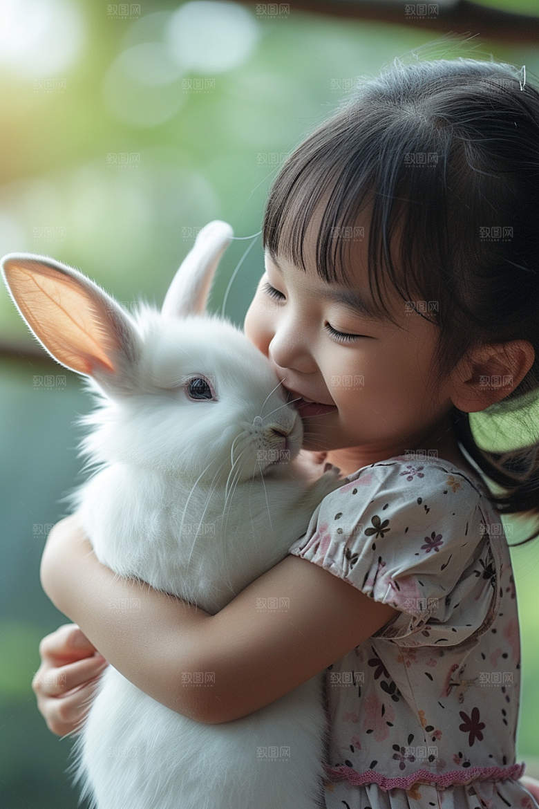 儿童和兔子宠物孩子摄影图