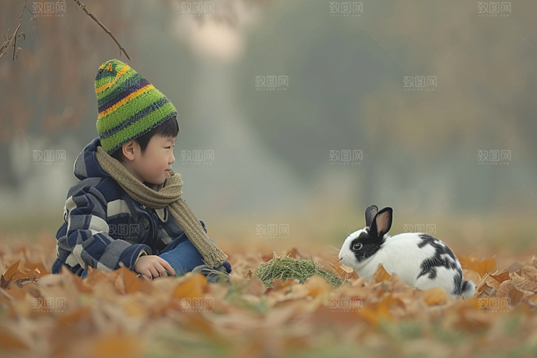 儿童和兔子清新孩子摄影图