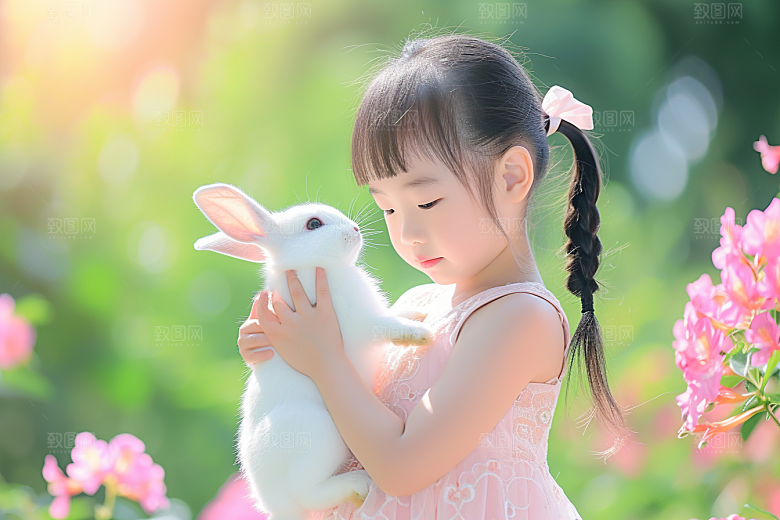 儿童和兔子孩子爱心摄影图