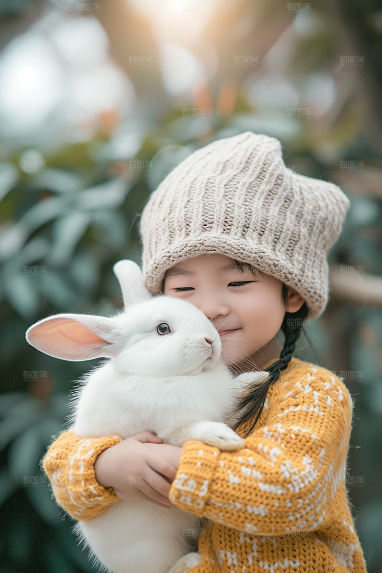 儿童和兔子清新童趣摄影图
