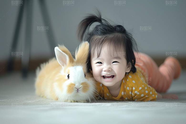 儿童和兔子爱心童趣摄影图