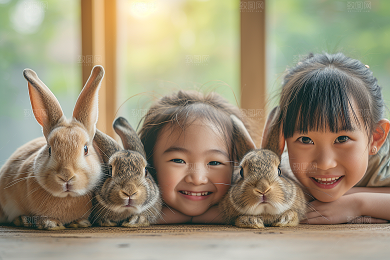 儿童和兔子高清孩子摄影图
