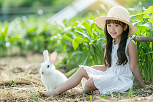儿童和兔子孩子可爱摄影图