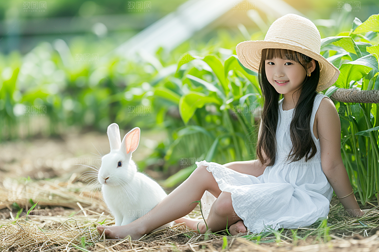 儿童和兔子孩子可爱摄影图