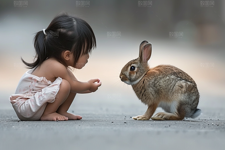 儿童和兔子爱心童趣摄影图