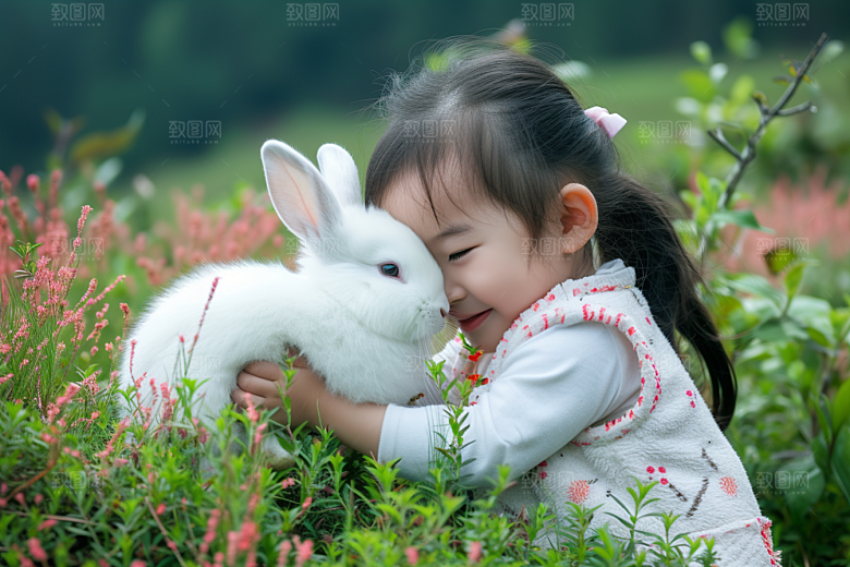 儿童和兔子自然生活摄影图