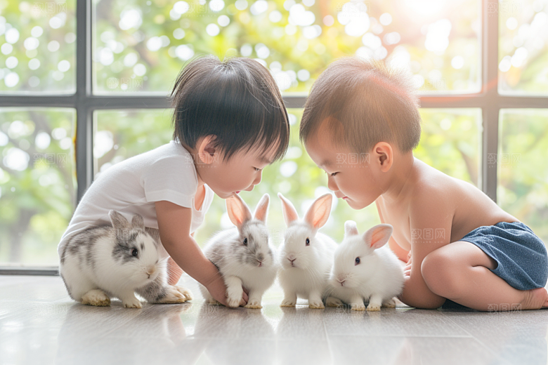 儿童和兔子可爱自然摄影图