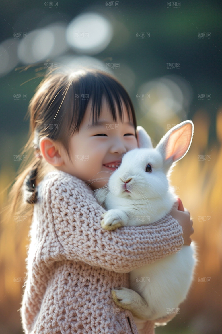 儿童和兔子清新孩子摄影图