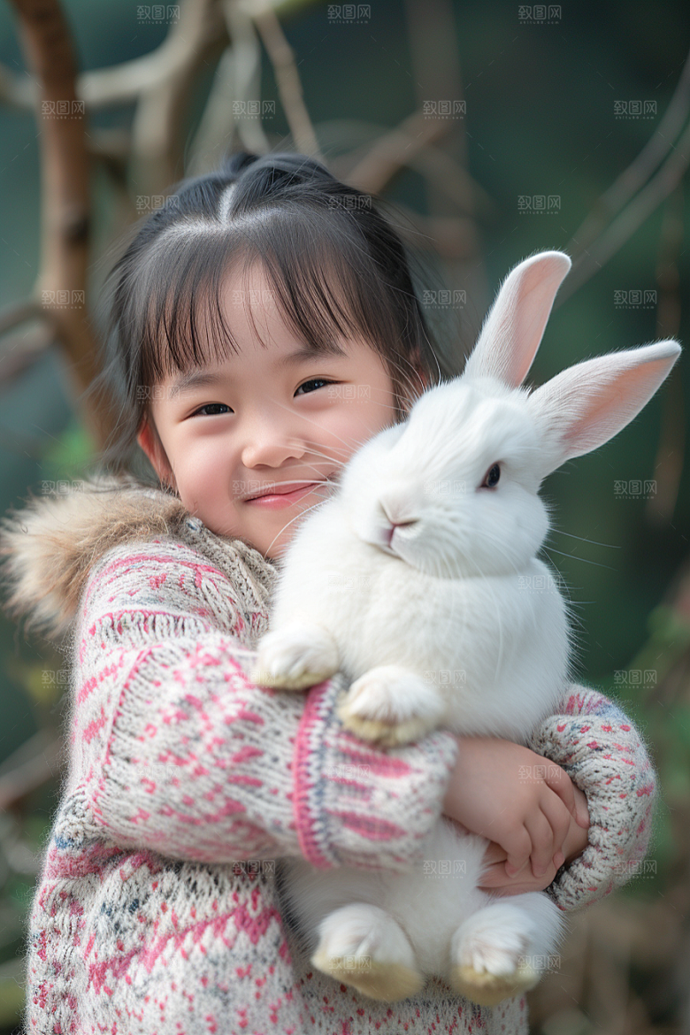 儿童和兔子可爱孩子摄影图
