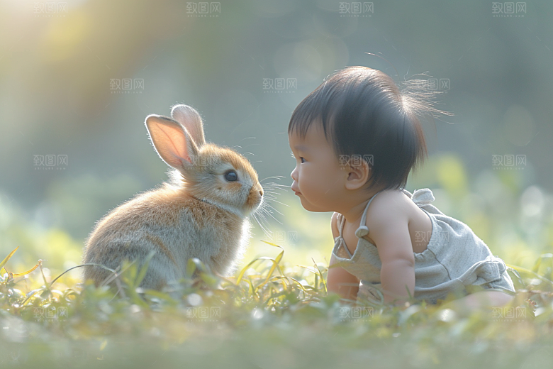 儿童和兔子自然清新摄影图
