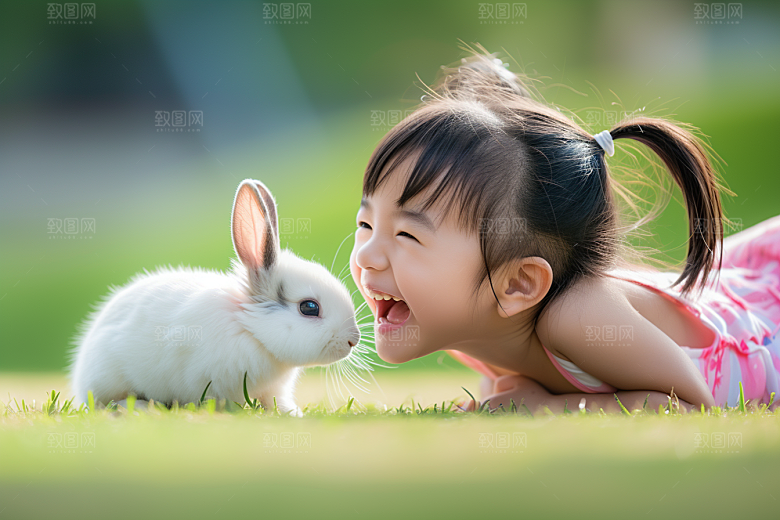 儿童和兔子生活高清摄影图