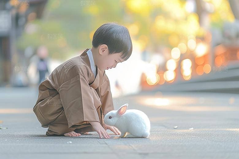 儿童和兔子爱心孩子摄影图