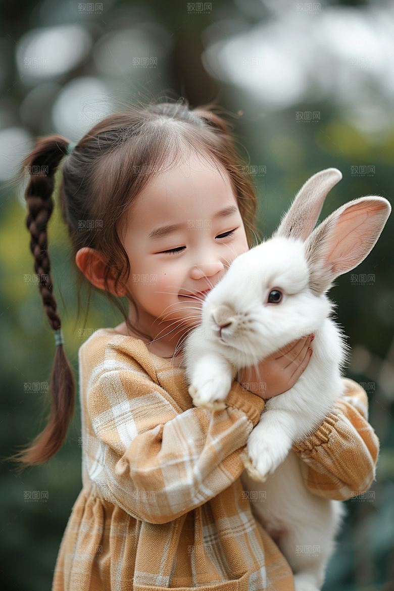 儿童和兔子自然孩子摄影图