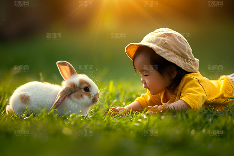 儿童和兔子童趣孩子摄影图