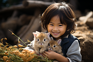 儿童和兔子肖像可爱清新摄影图