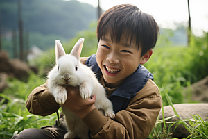 儿童和兔子肖像可爱清新摄影图