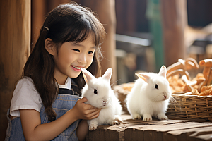 儿童和兔子肖像童趣温馨摄影图