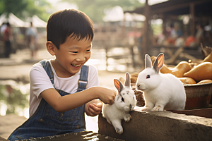 儿童和兔子肖像童趣乡村摄影图