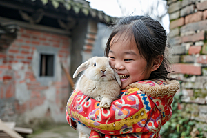 儿童和兔子肖像童年温馨摄影图