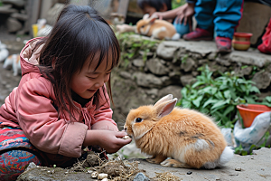 儿童和兔子肖像可爱童趣摄影图