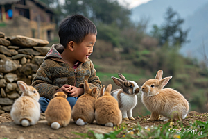 儿童和兔子肖像高清童年摄影图