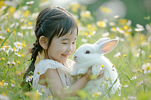 儿童和兔子肖像清新可爱摄影图