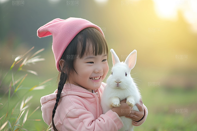儿童和兔子肖像高清童趣摄影图