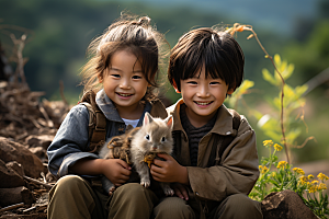 儿童和兔子肖像可爱高清摄影图